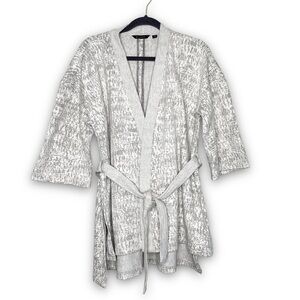 H BY HALSTON Gray White Speckle 3/4 Sleeve Belted Waist Sweater Jacket Medium
